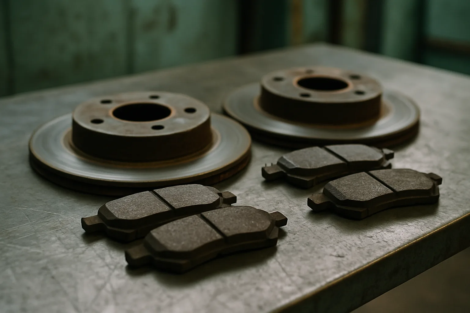 Brake components arranged on a work surface