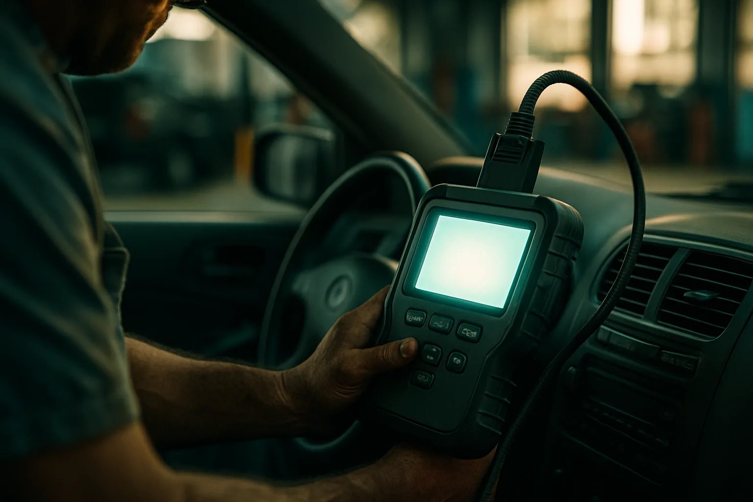 Diagnostic equipment connected to a vehicle during engine testing